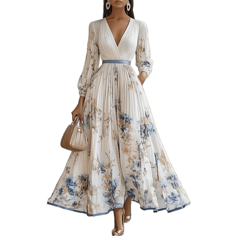 Women's Digital Printed Collar Long Sleeve Pleated Dresses