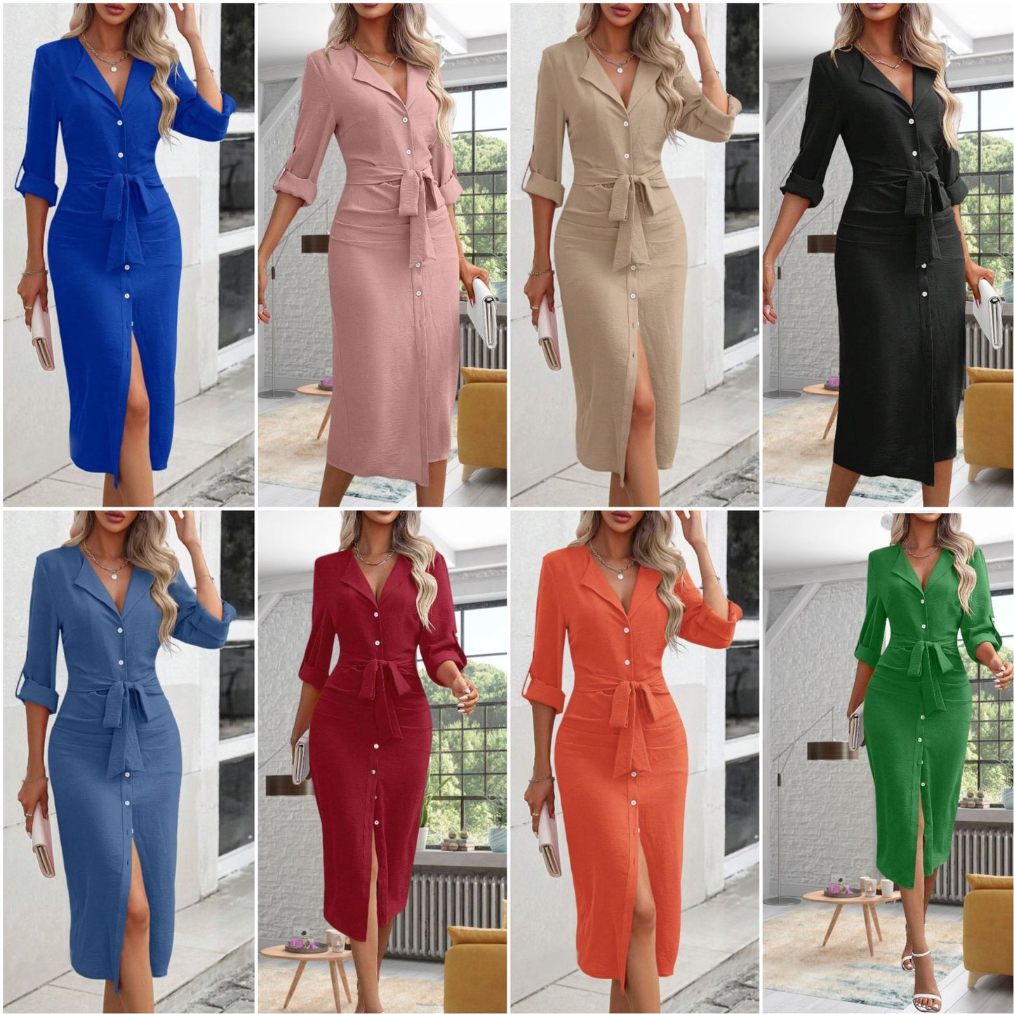 Women's Autumn Solid Color Polo Collar Waist Slit Long Dress