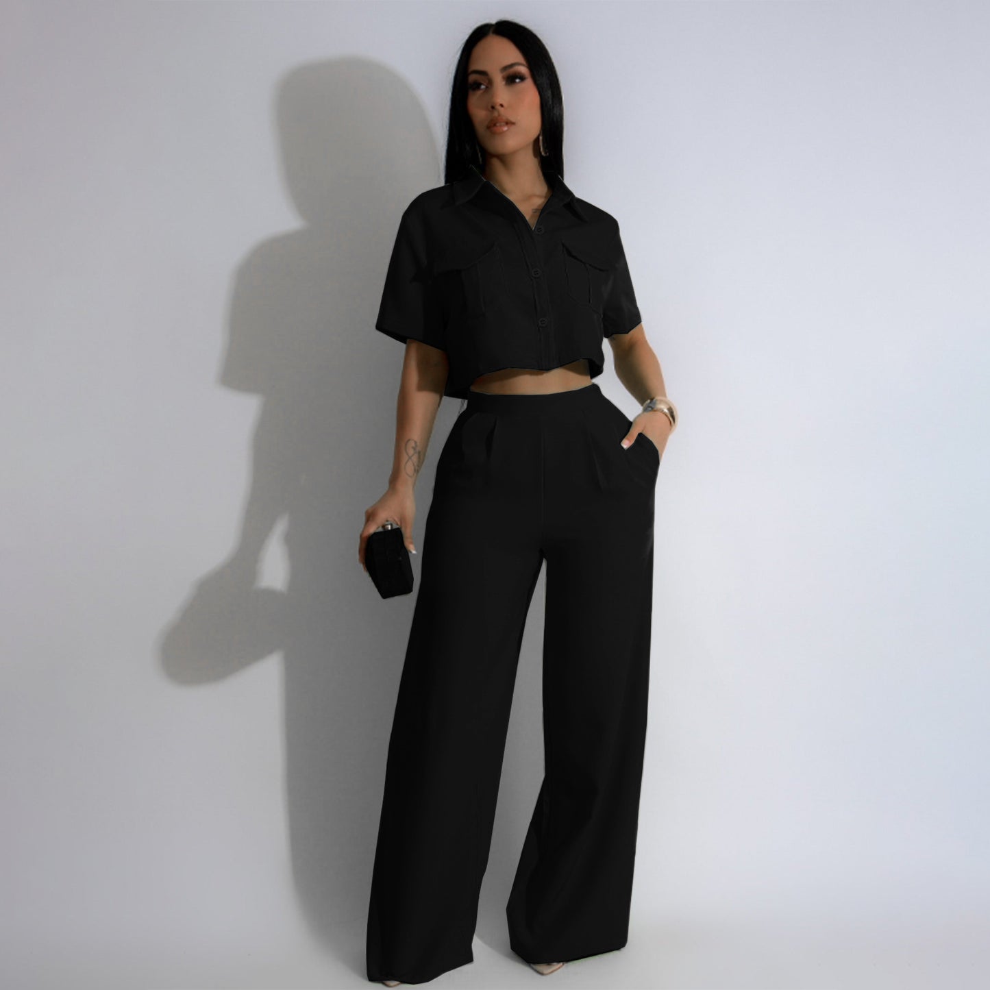 Women's Fashion Polo Collar Sleeve High Waist Suits