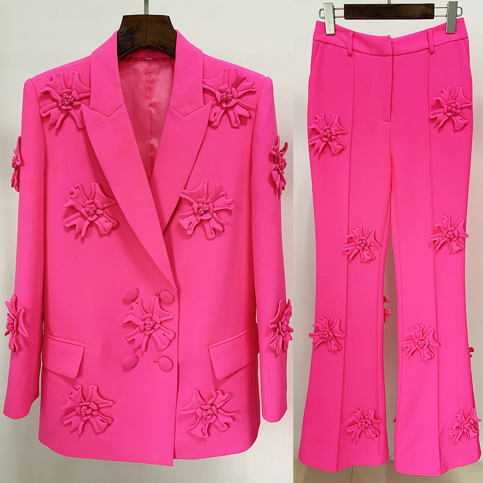 Casual Double-breasted Three-dimensional Flower Decorative Trousers Suits