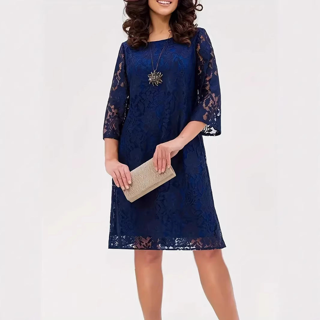 Three-quarter Sleeve Round Neck Fashionable Elegant Solid Dress