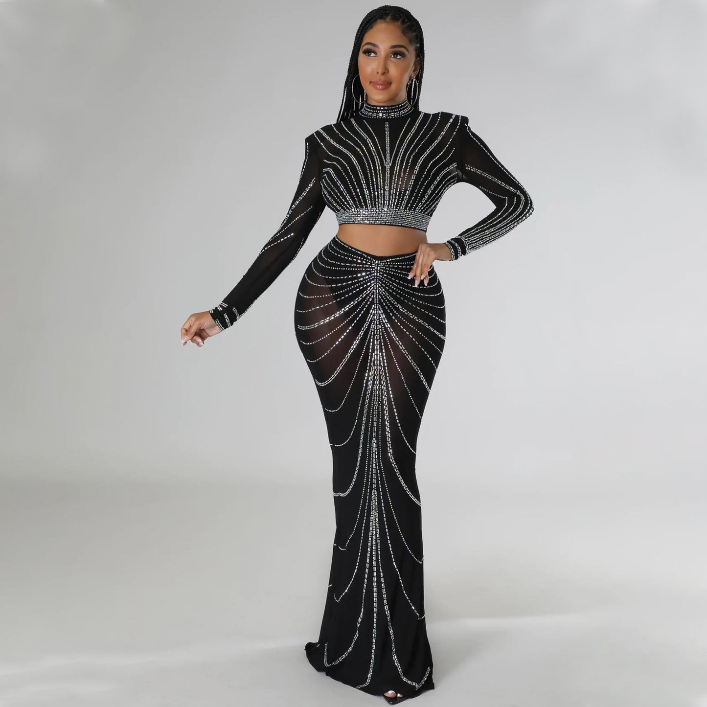 Women's Sexy Long Sleeve Mesh Rhinestone Two-piece Suits