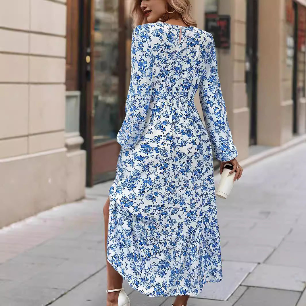 Women's Printed Round Neck Long Sleeve Ruffled Dress