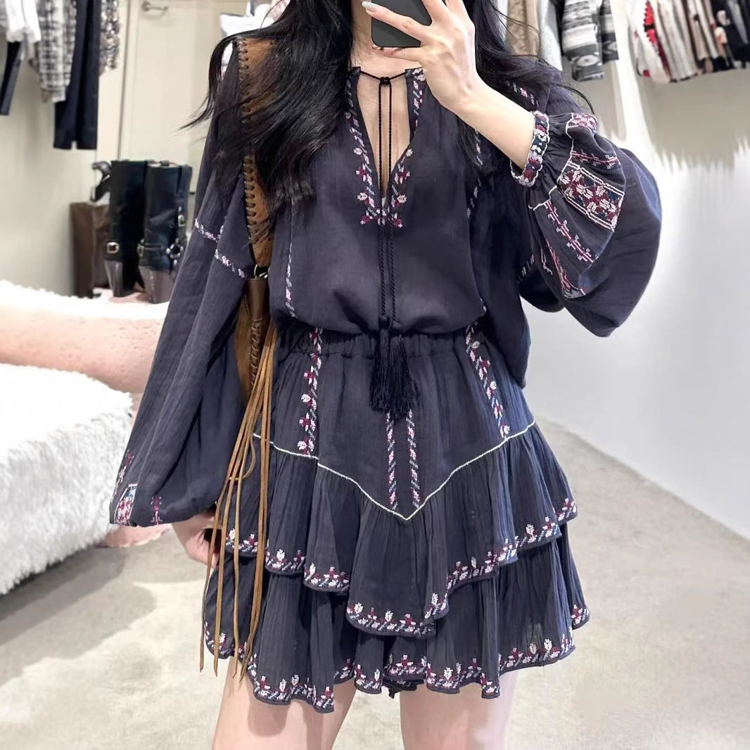 Embroidery Tassel Long Sleeve Shirt Elastic Suits