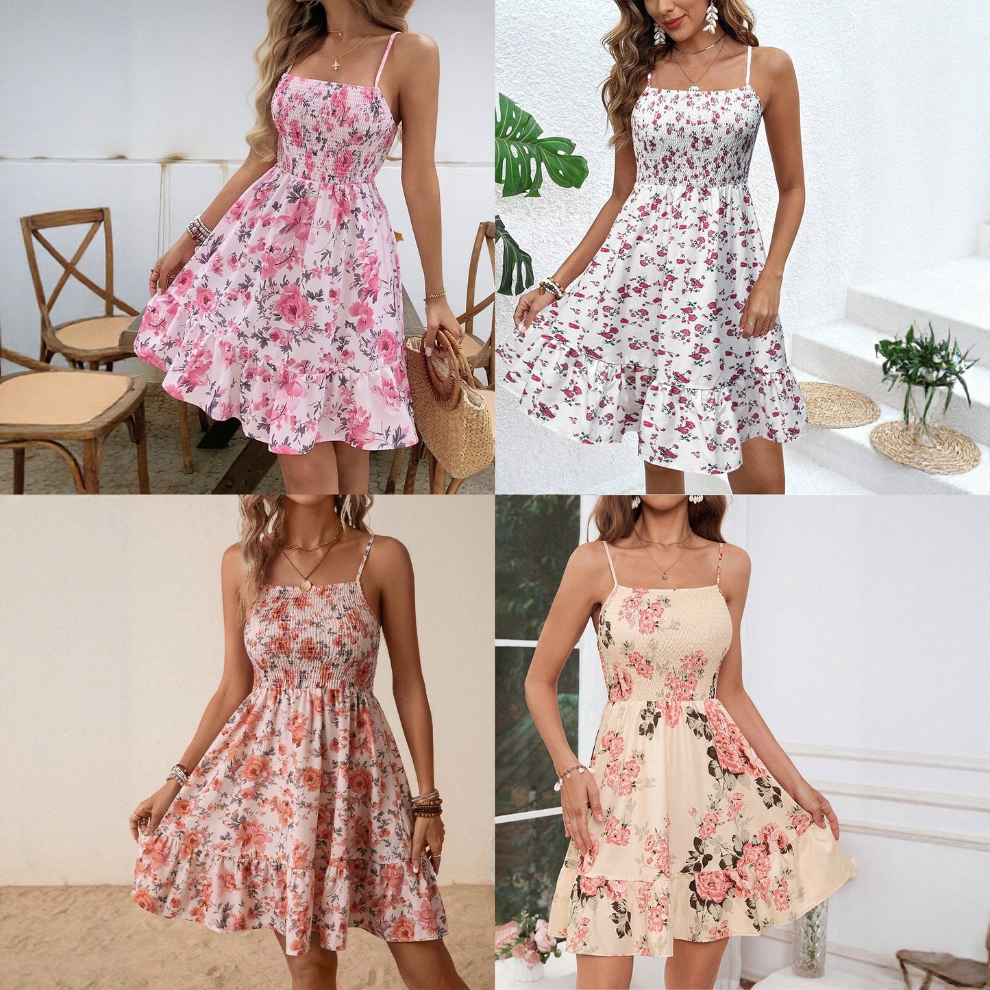 Floral Tight Waist Strap Beach Vacation Dress