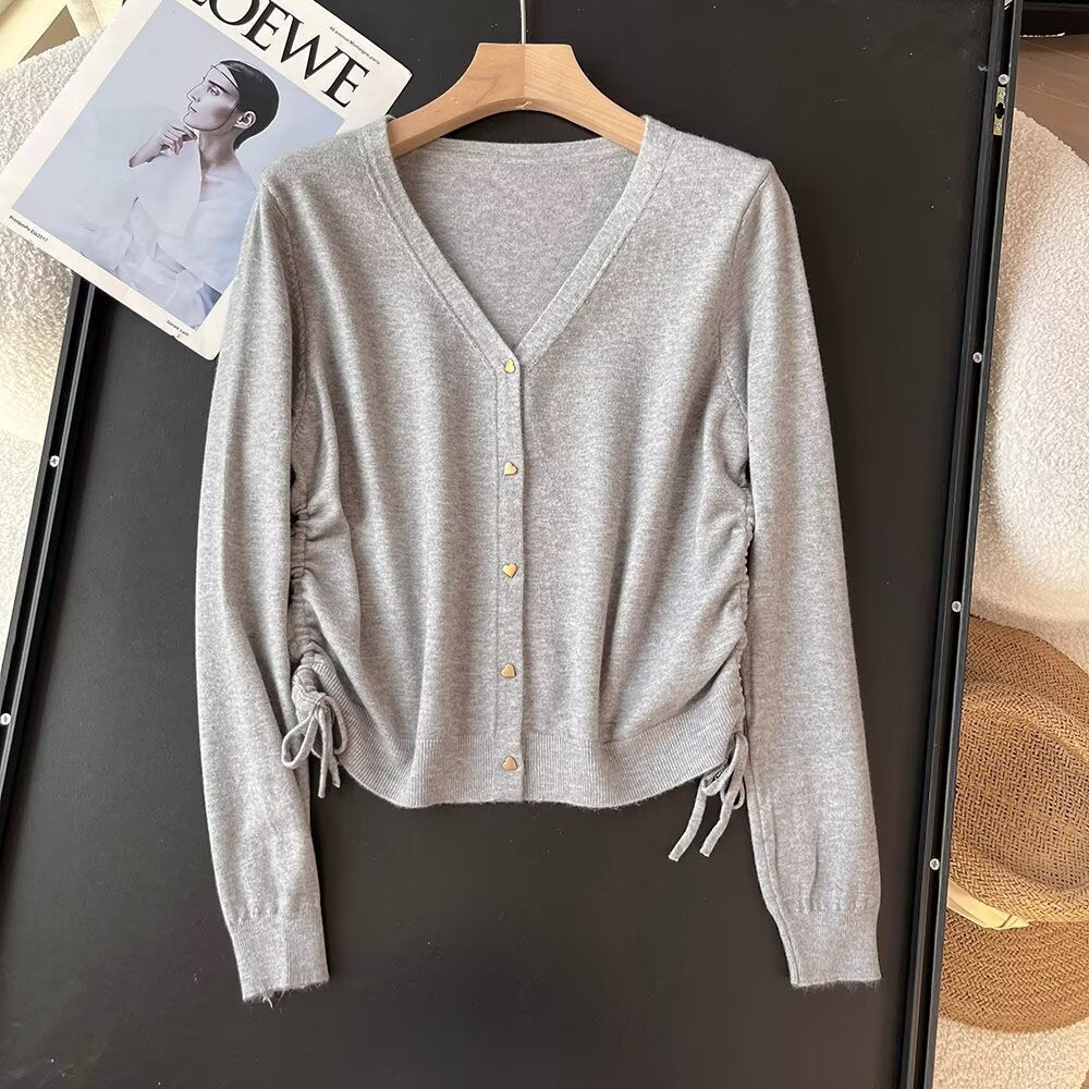 Women's Spring Solid Color Design Drawstring Long-sleeved Women's Sweater