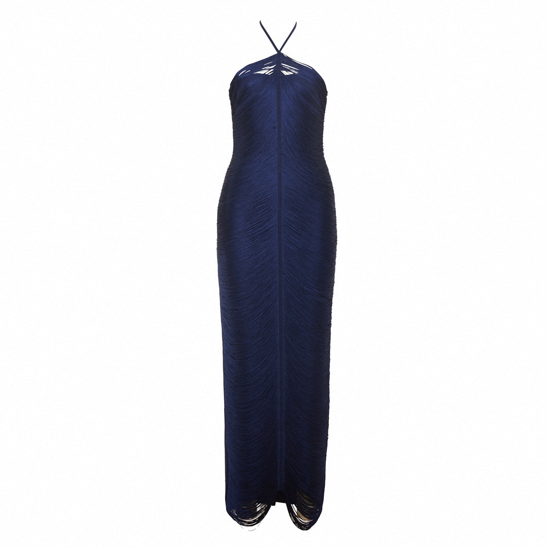 Women's Sleeveless Halter Tassel Long Summer Banquet Dress