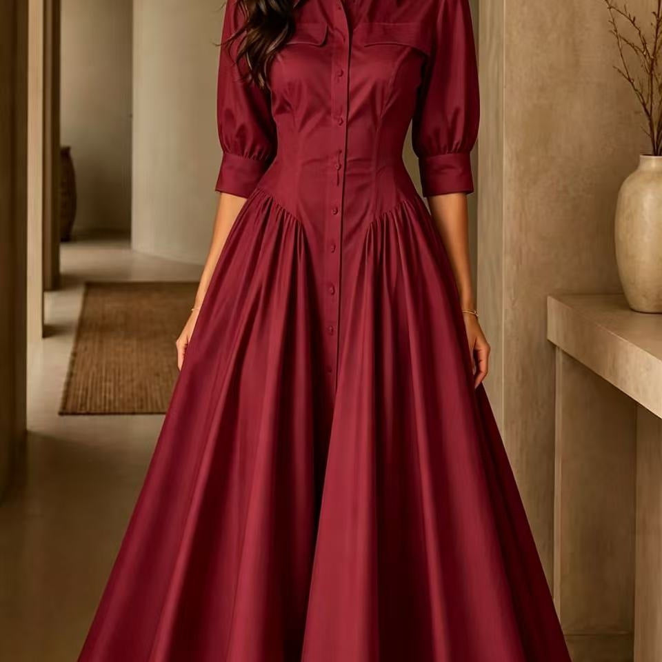 Linen Blended Breasted High Waist Pure Color Dress