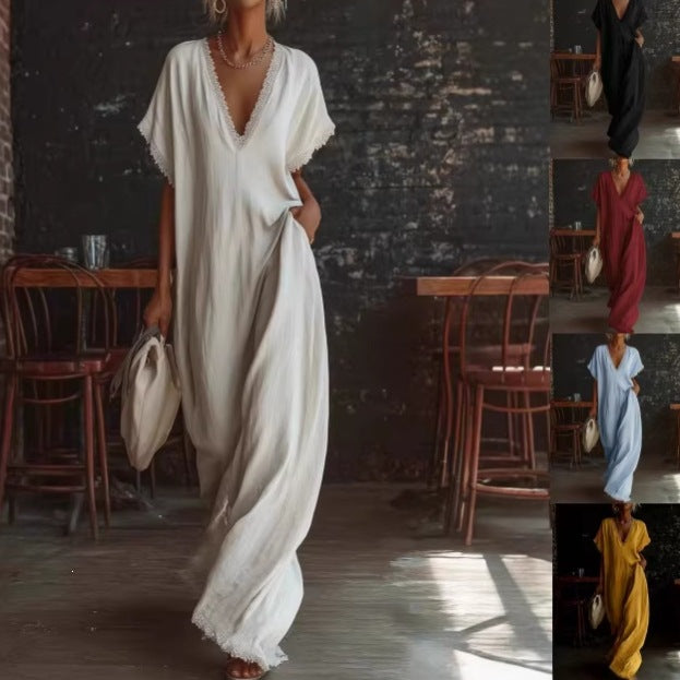 Women's Elegant Comfortable Lace Loose Linen Cotton Dress