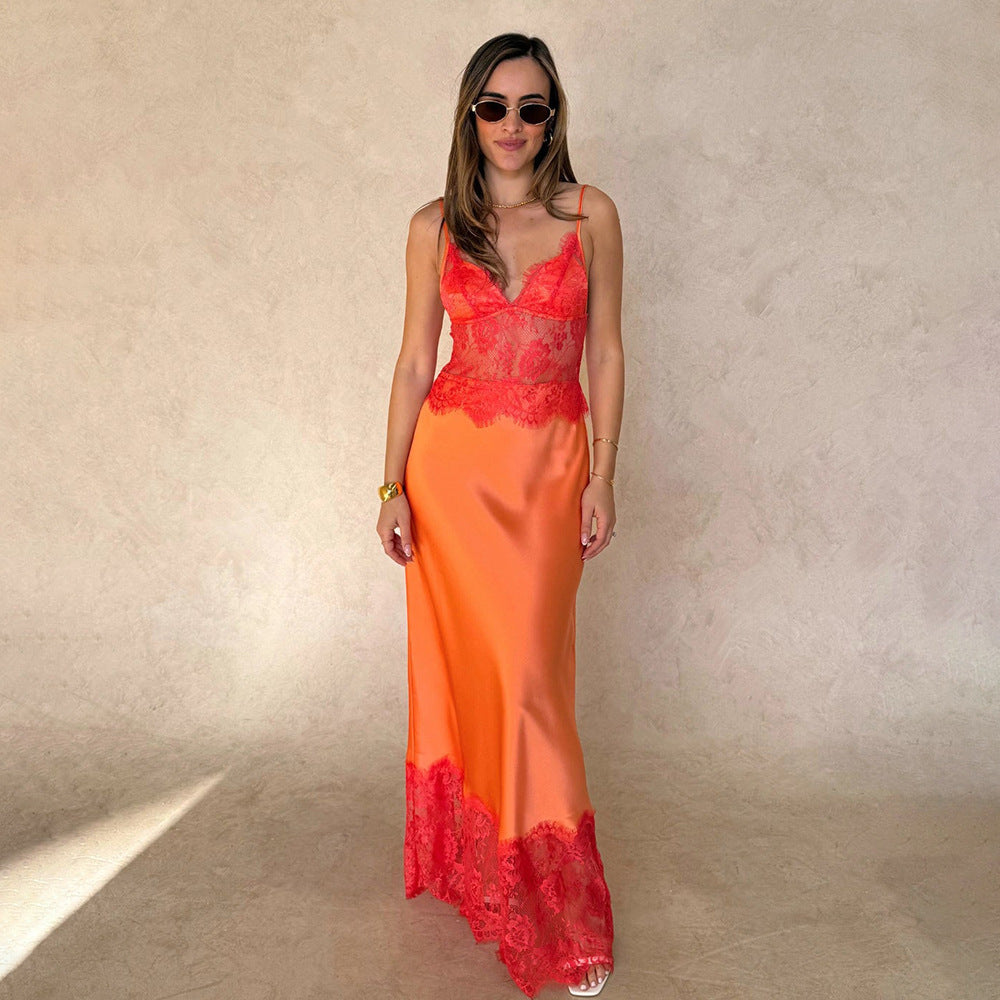 Fashion Deep Backless Strap Lace Sexy Dress