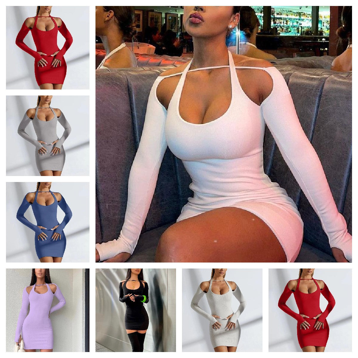 Women's Solid Color Sexy Long-sleeved Halter Sheath Dress