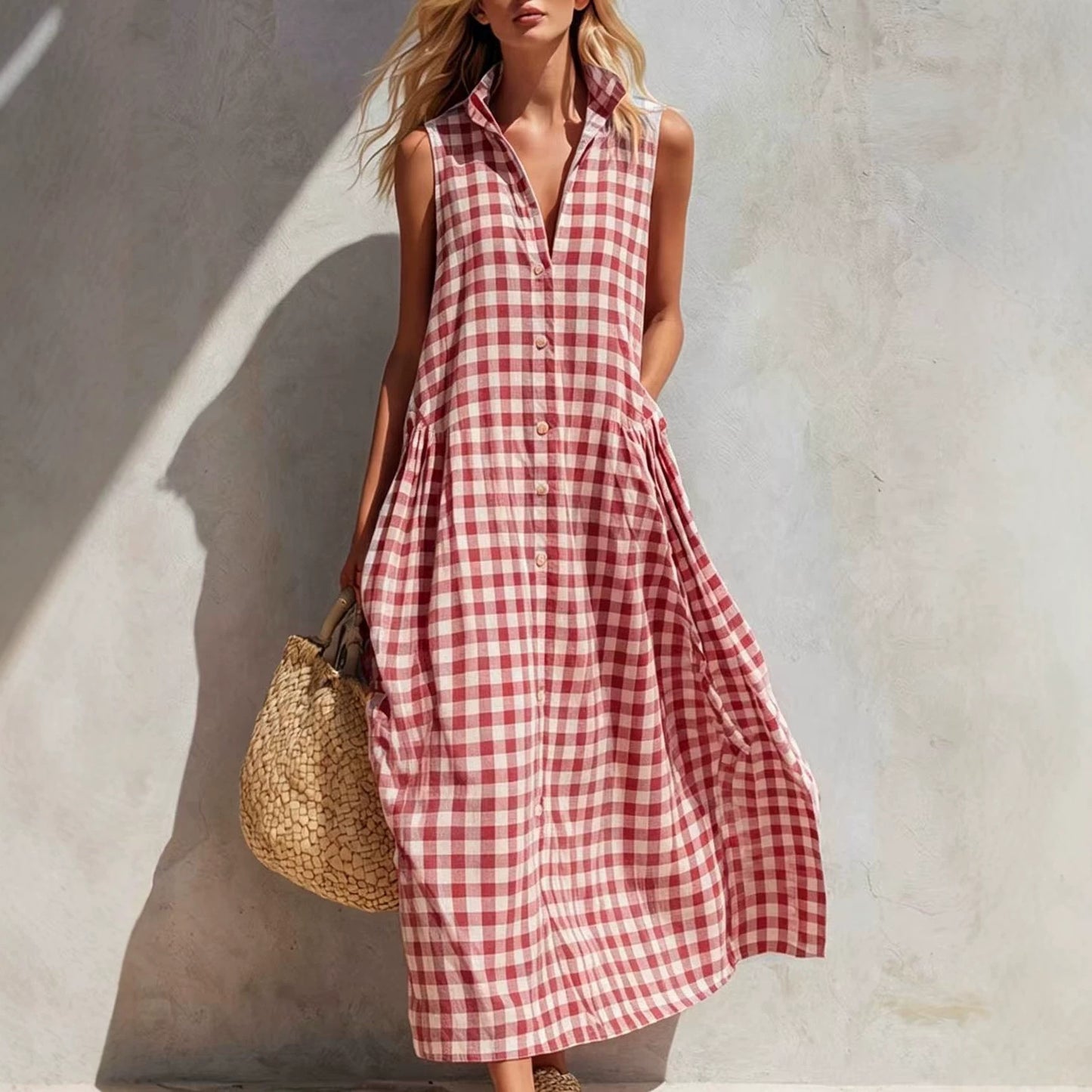 Sleeveless Summer Vacation Style Seaside Plaid Loose Dress