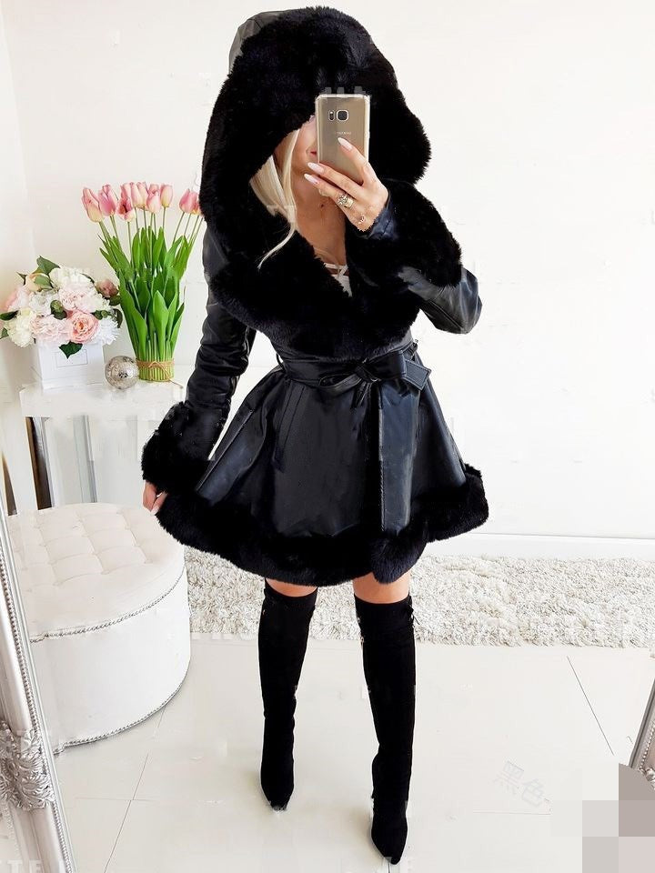 Women's Pure Color Belt Classic Style Fur Coats