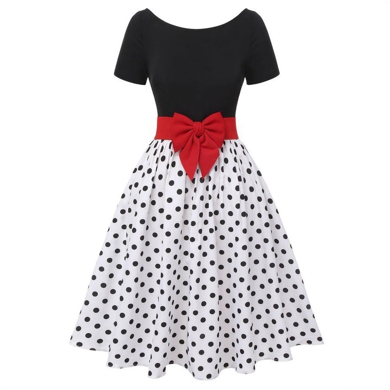 Women's Retro Round Dot Red Bow Waist Midi Sleeve Dress