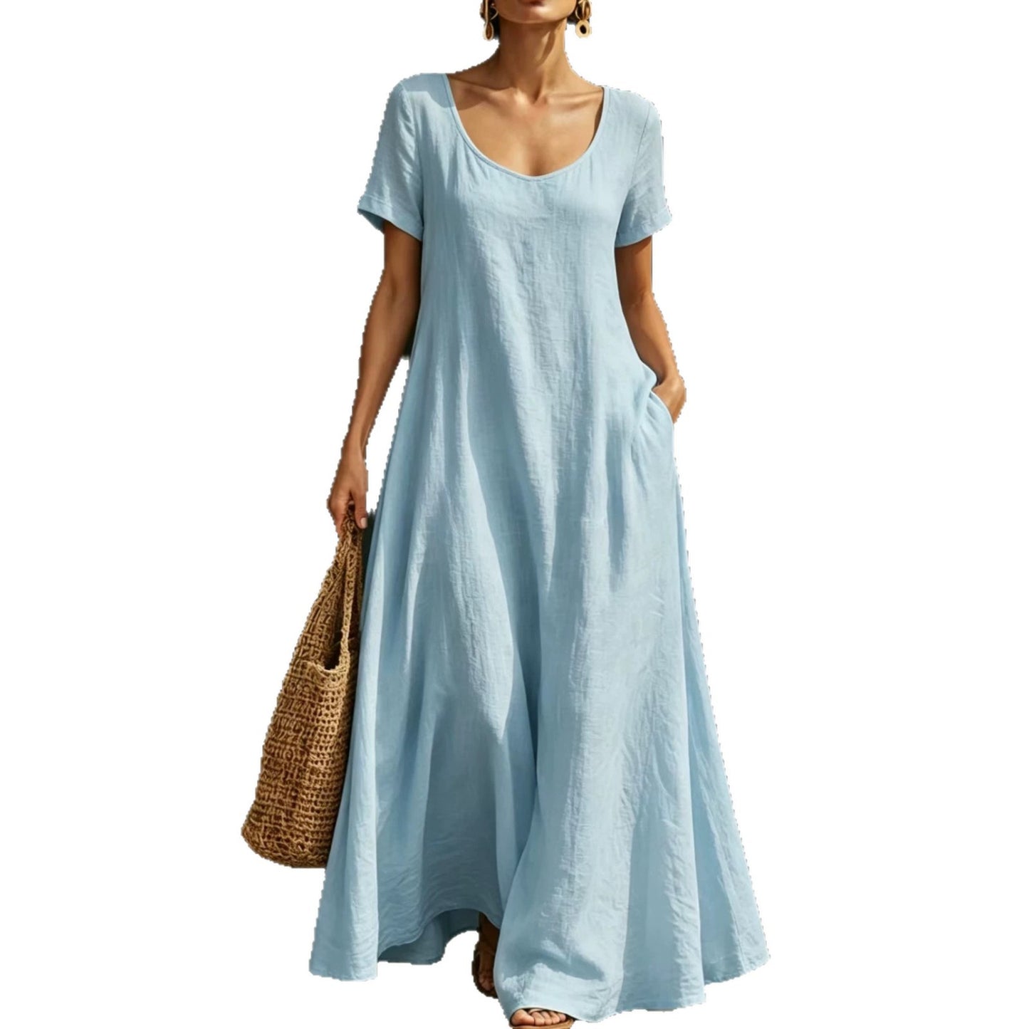 Women's Summer Collar Sleeve Loose Swing Casual Solid Dress