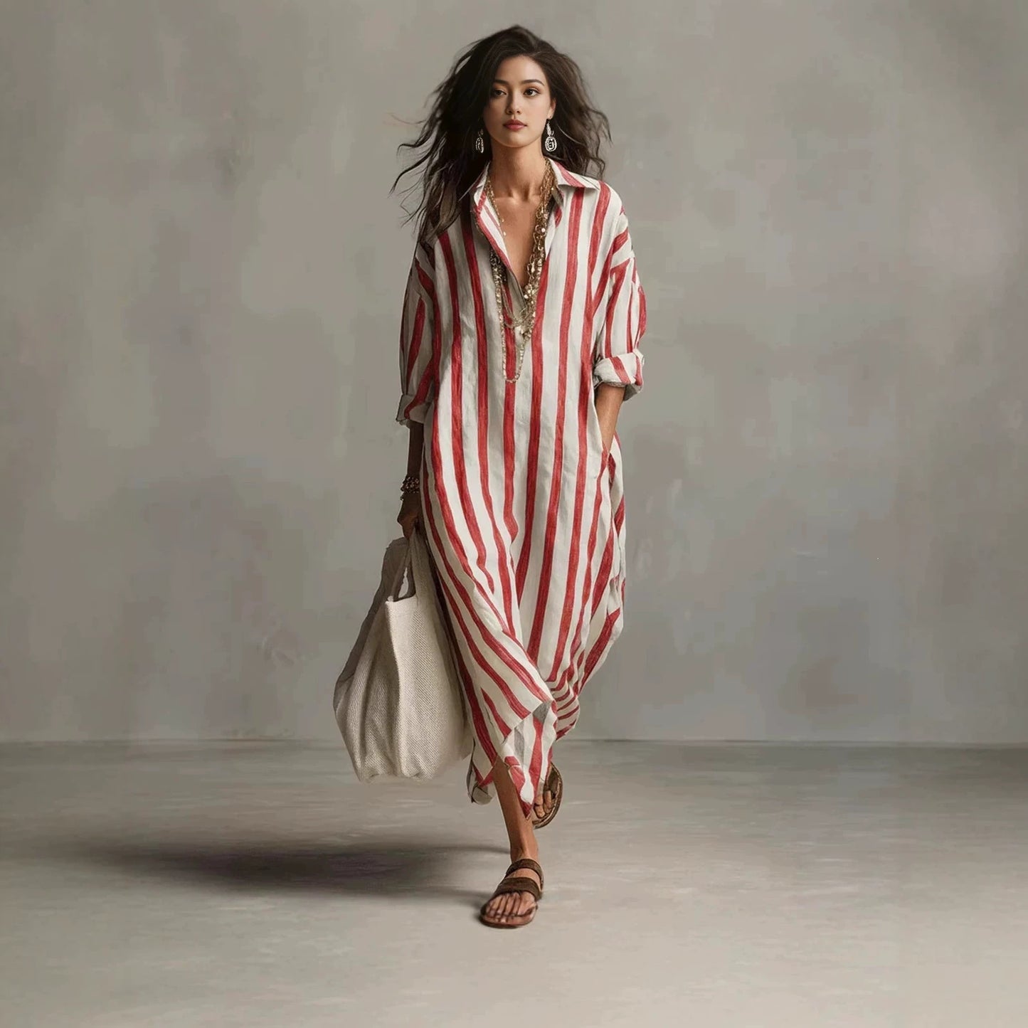 Striped Shirt Long Loose Pockets Idle Style Lapel Dress