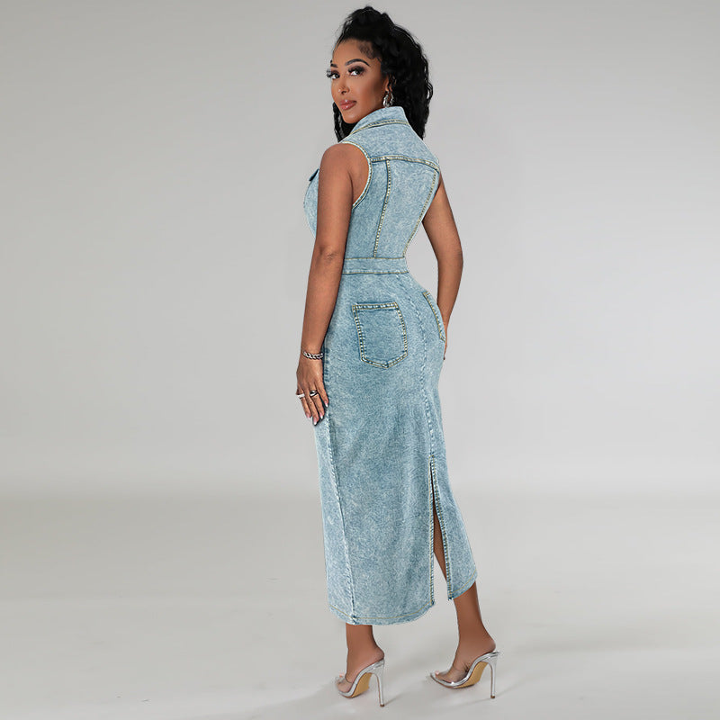 Women's Large Denim Sleeveless Split Lapel Dress Dresses