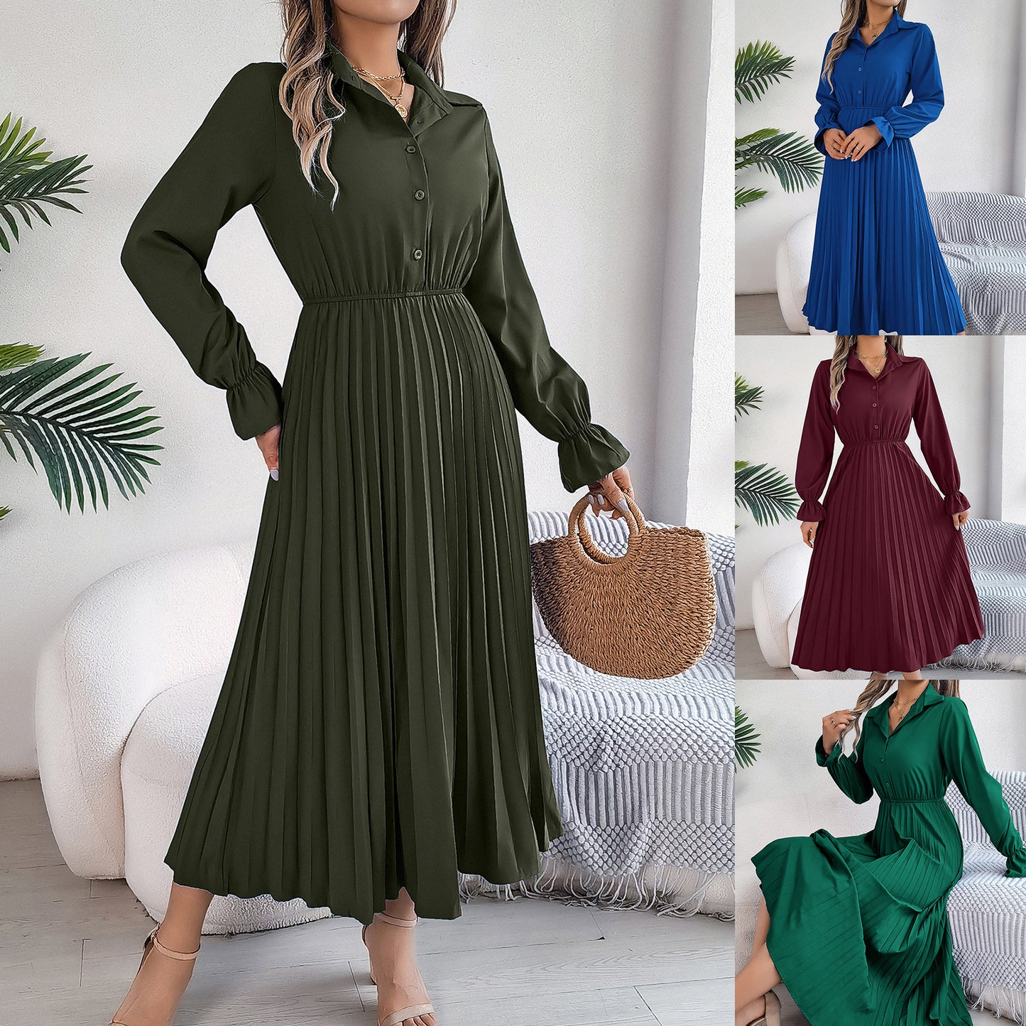 Women's Casual Polo Collar Button Long Sleeve Cinched Clothing