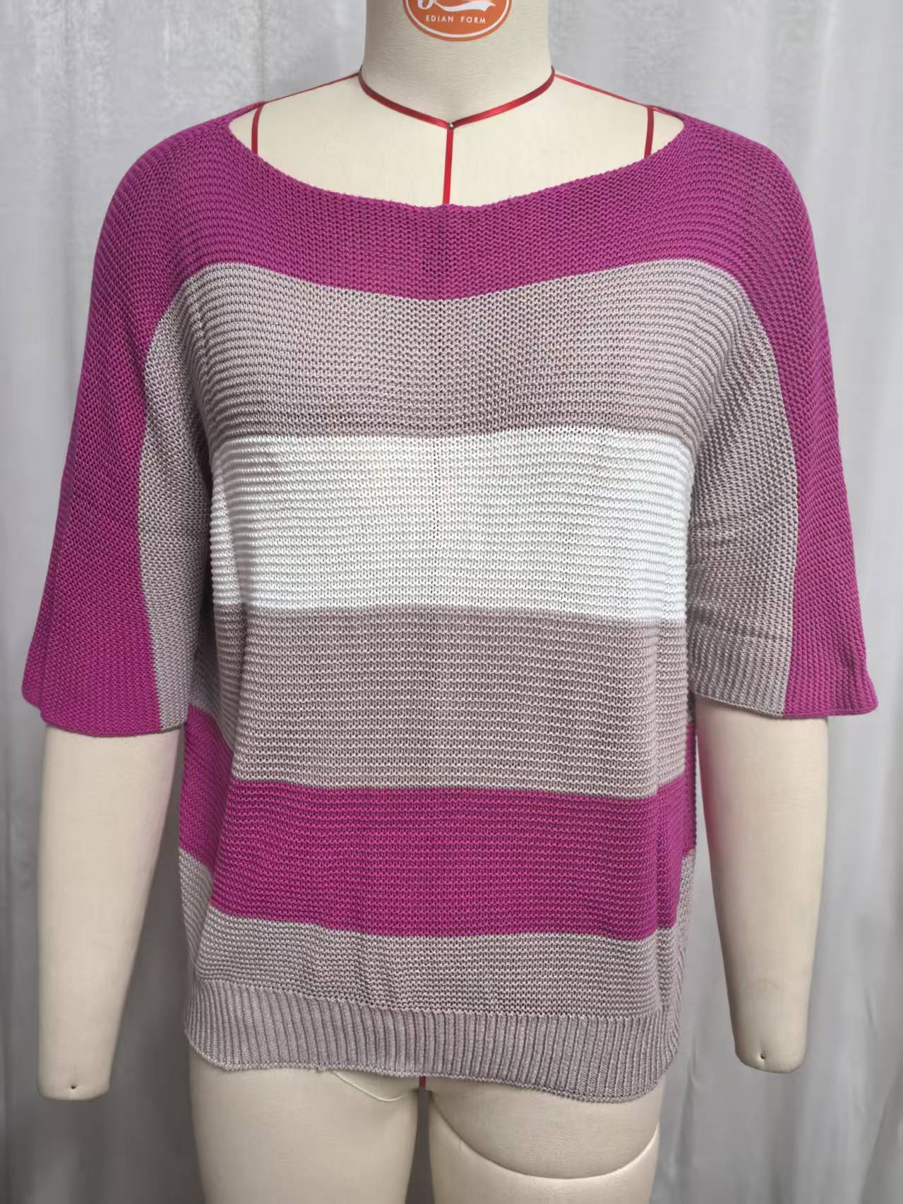 Knitted Striped Color Collision Design Drop Shoulder Tops