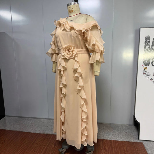 Women's Large Elegant Champagne Chiffon Dress Ruffle Dresses