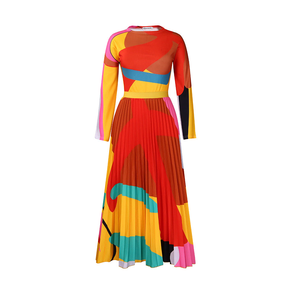 Autumn Pleated Print Contrast Color Long Sleeve Fashion Suits