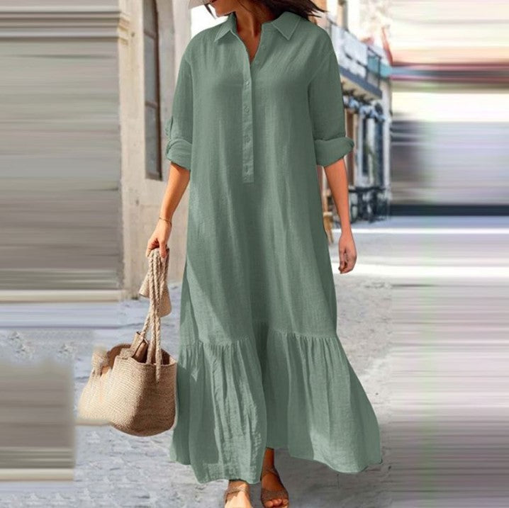 Long Irregular Shirt Collar Button Casual Dress
