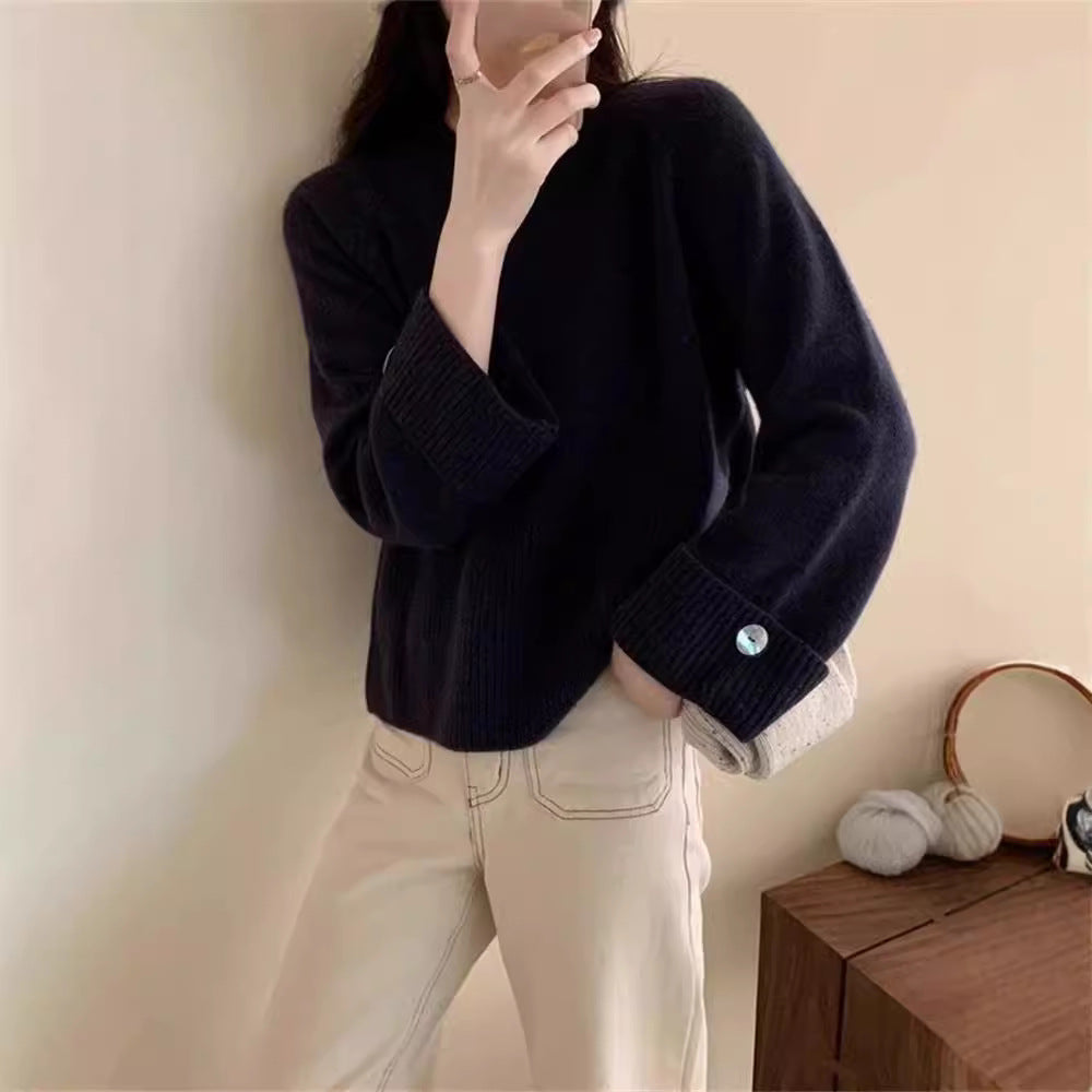 Women's Round Neck Pullover Thickened Niche Design Button Long Tops