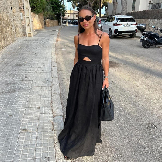 Women's Black Breathable Sling High Waist French Dress Fashion Vacation Dresses