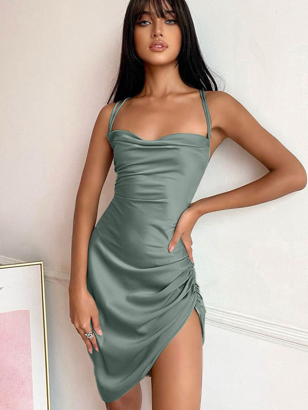 Women's Summer Elegant Satin Suspender Collarless Pleated Dress
