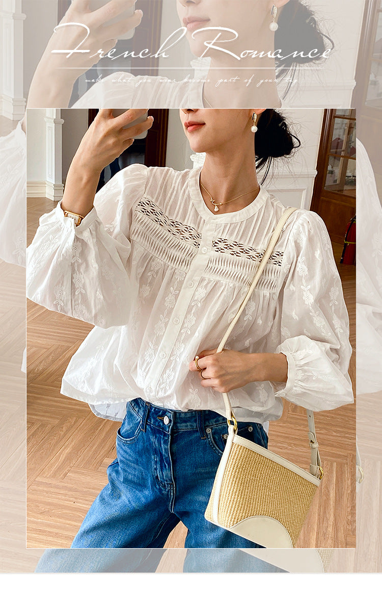 Women's Embroidery White Shirt Long Sleeve Stylish Blouses