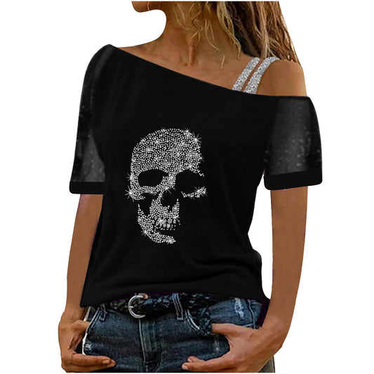 Rhinestone Diagonal Collar Gauzy Short-sleeved T-shirt Blouses