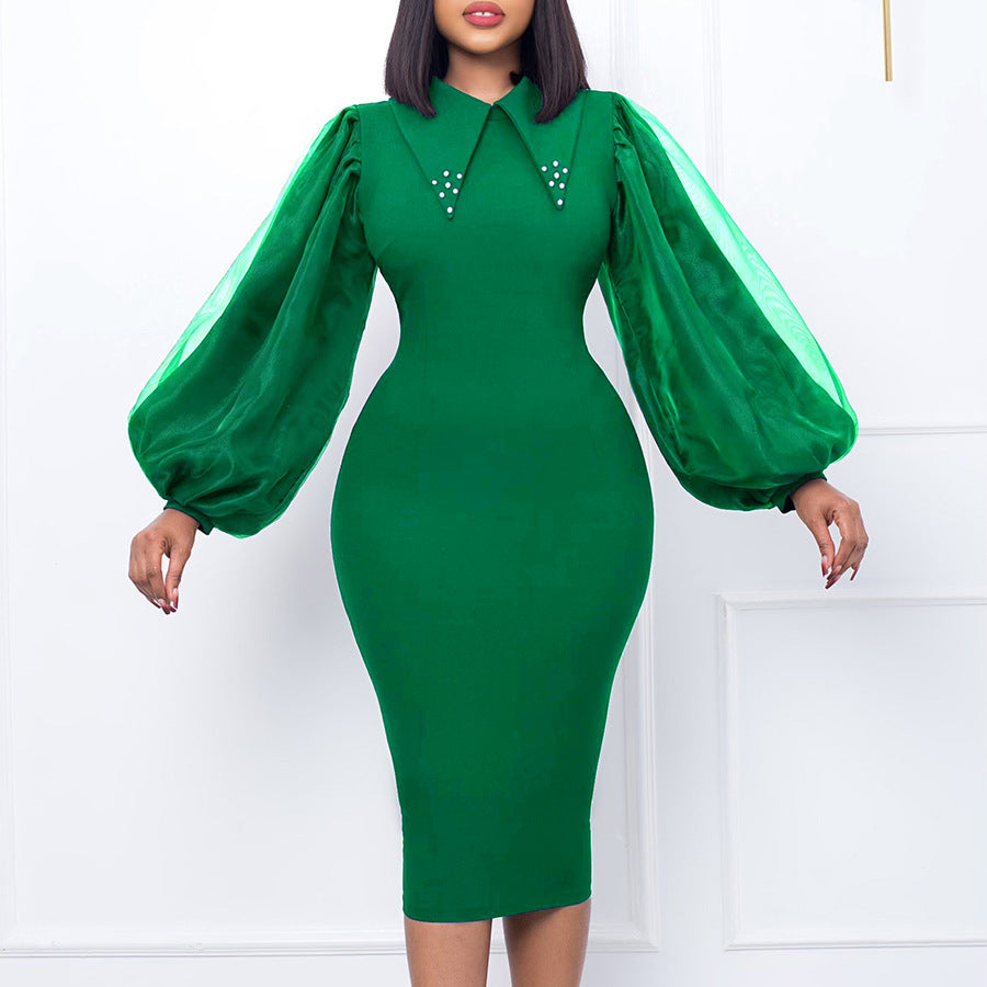 Women's Long-sleeved Large Sheath Beaded Mesh Stitching Commuter Dress