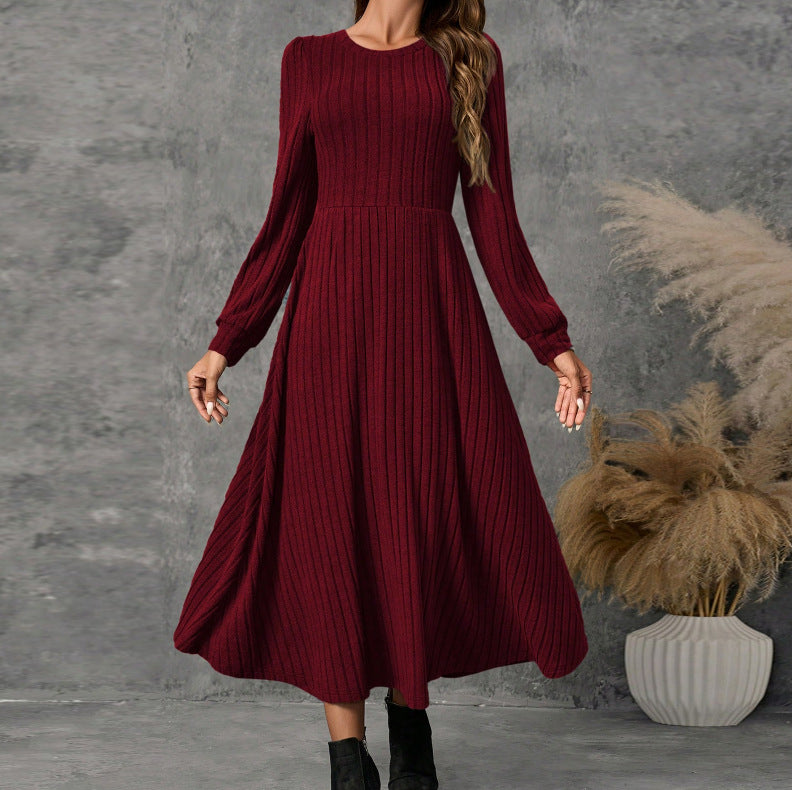 Ladies Fashion Round Neck Long Sleeve Solid Color Casual Sunken Dress