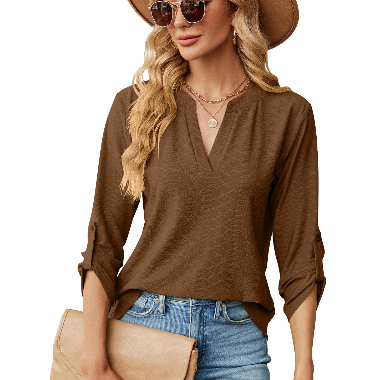 Women's Solid Color Three-quarter Sleeve Button Loose-fitting Tops