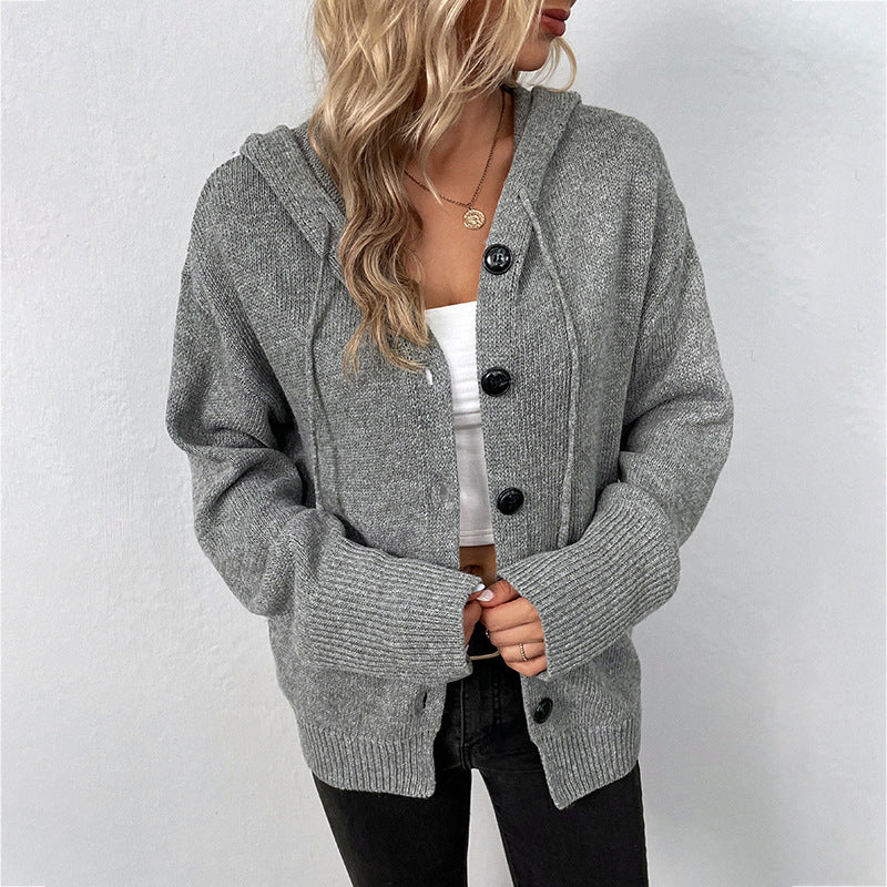 Women's Solid Color Hooded Single-breasted Drawstring Knitted Coats