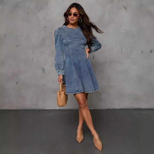 Women's Autumn Elegant Patchwork Denim Long Sleeve Dresses