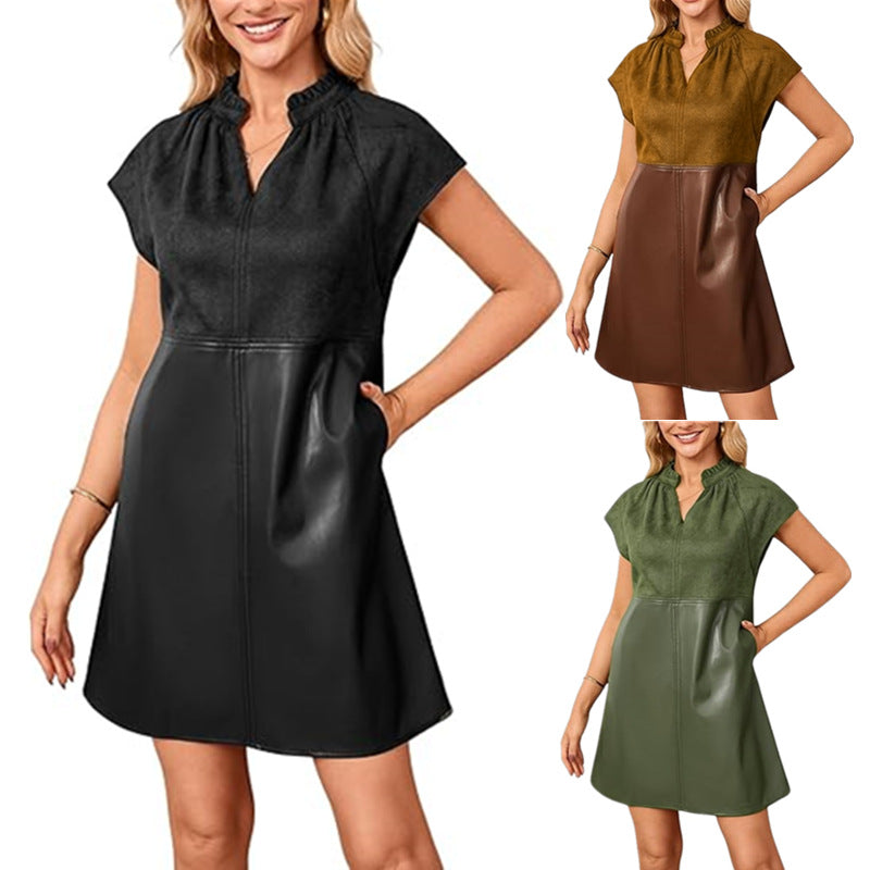 Women's Contrast Color Leather Stitching Collar Cover Dress