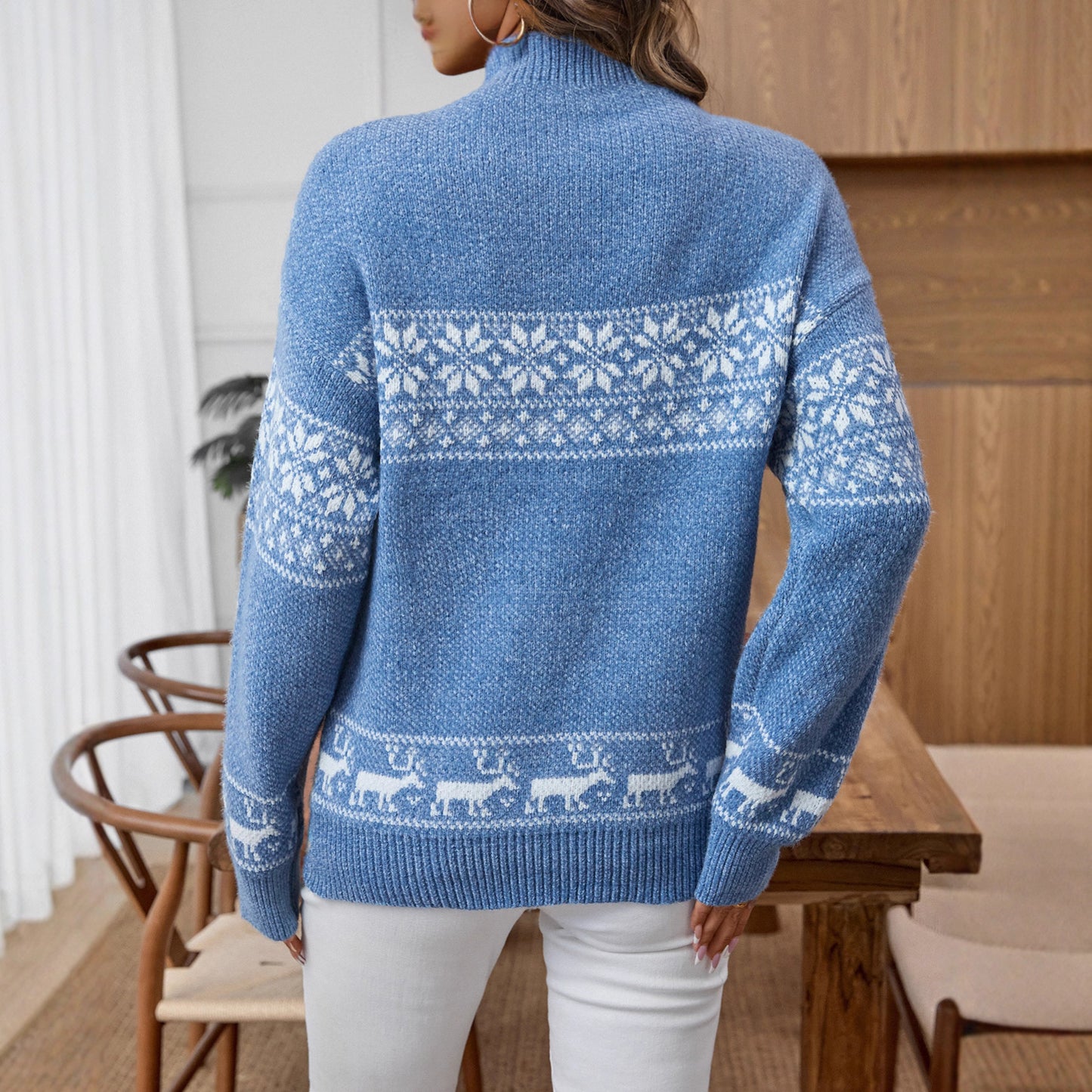 Women's Snowflake Brocade Half Turtleneck Pullover Long Sweater