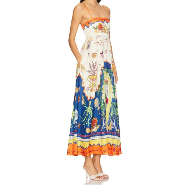 Women's Summer Elegant Printed High Waist Sling Large Swing For Island Dress