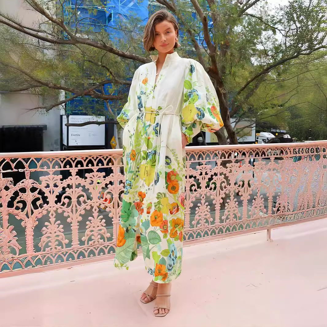 Single-breasted Long Lantern Sleeve Iti Printing Dress