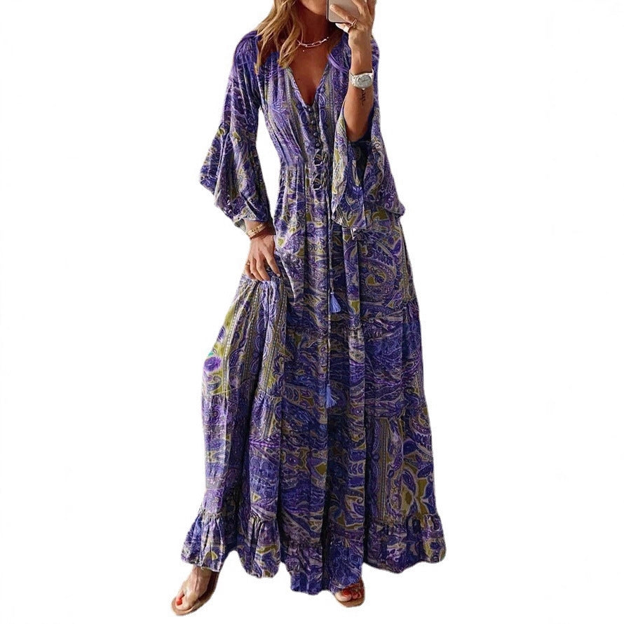Bohemian Flare Sleeve Printed High Waist Holiday Dress