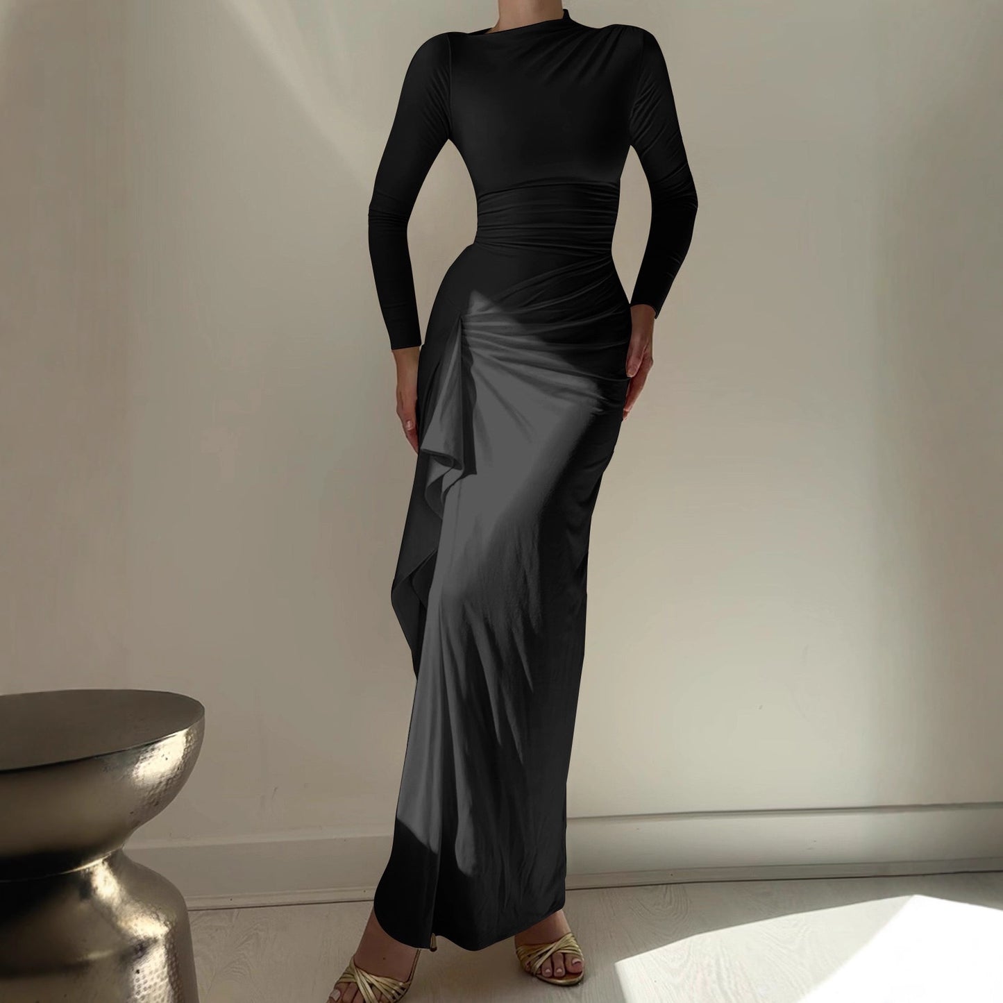 Women's Autumn Solid Color Round Neck Fashion Elegant Slit Dress