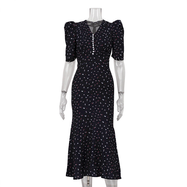 Women's French Style Temperament Short-sleeved Dress Pleated High Waist Dresses