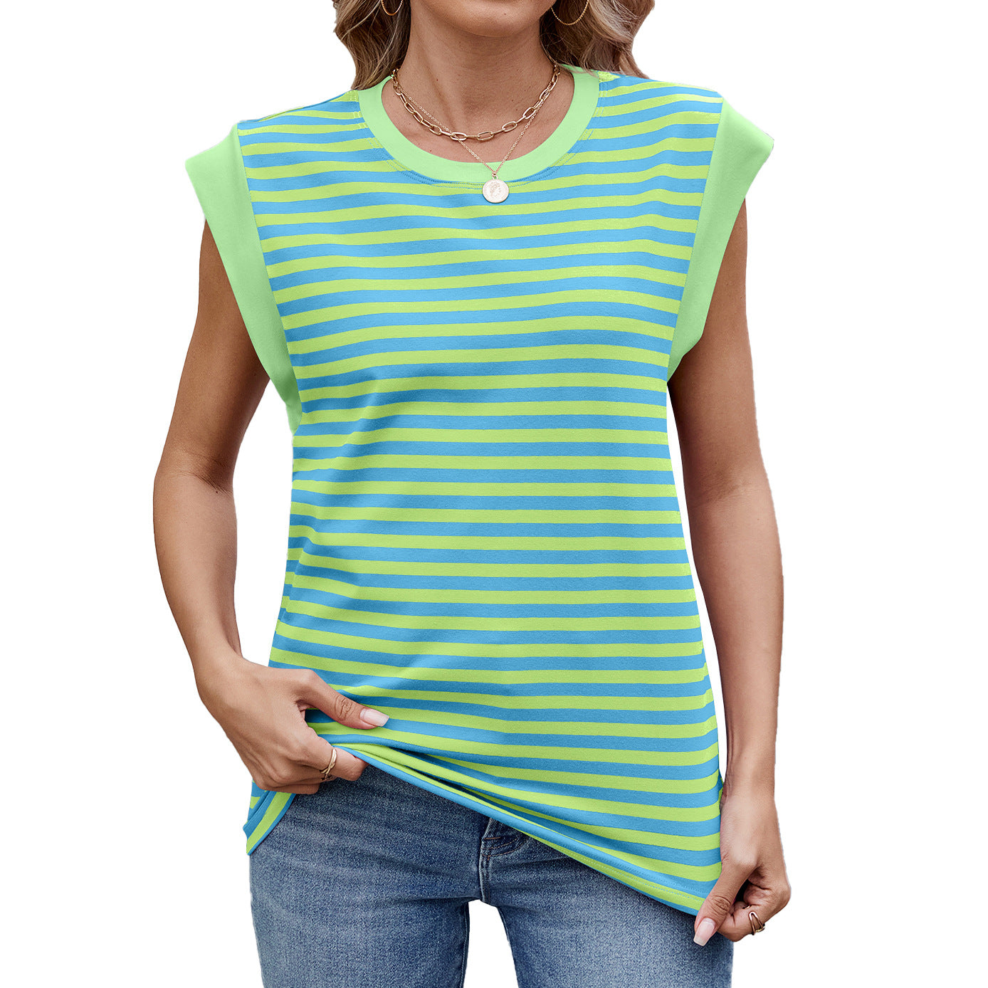 Women's Striped Contrast Color Round Neck Loose Blouses
