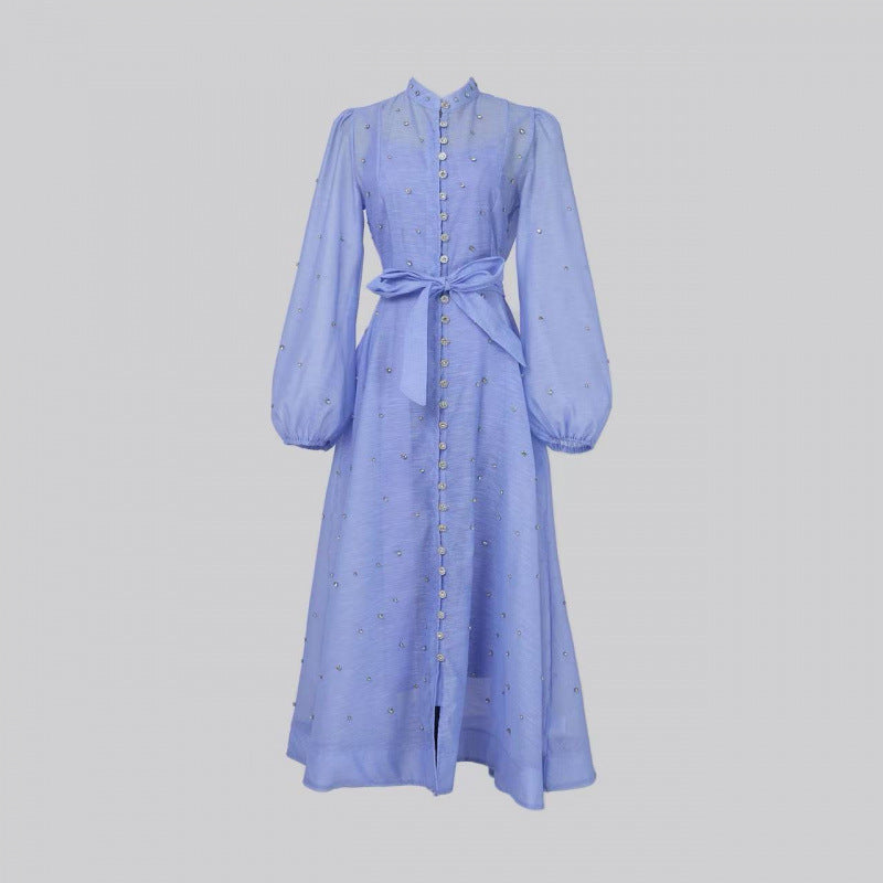Women's Vintage Court Style Printed Lantern Sleeve Single-breasted Lace Dresses