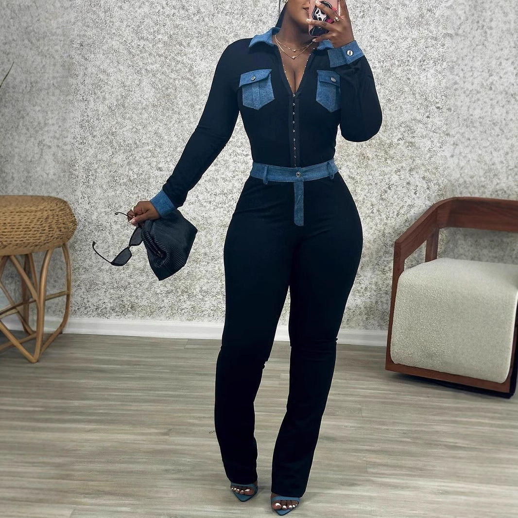 Women's Fashion Denim Stitching Sexy High Waist Suits
