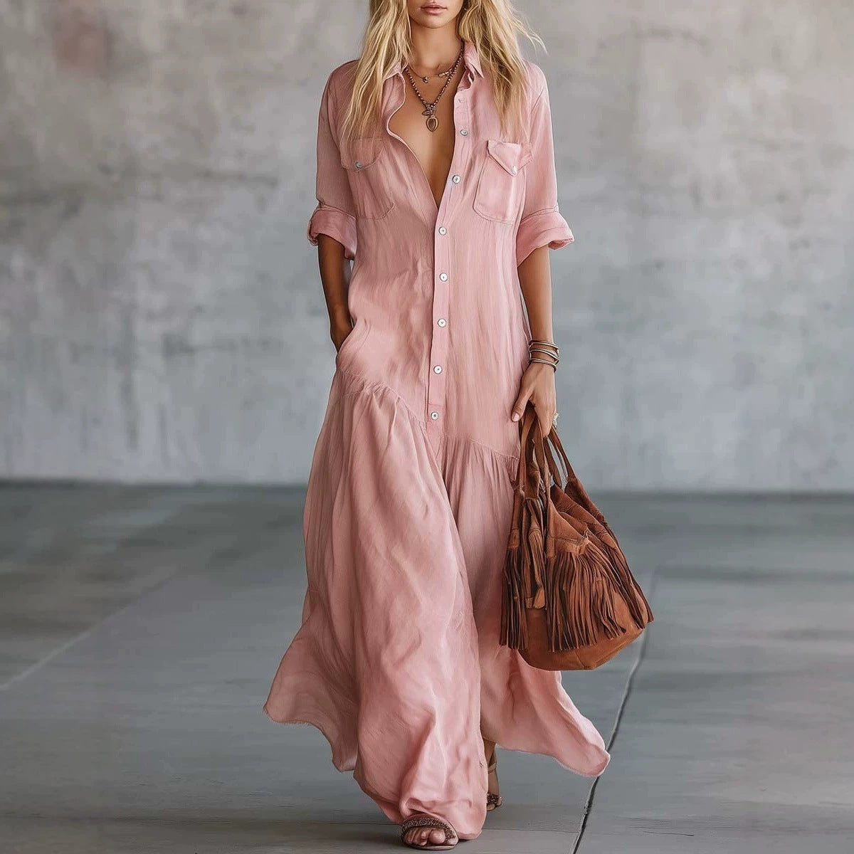 Women's Breasted Sleeve Casual Vacation Style Solid Color Dress