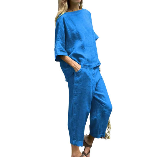 Women's Set Cotton Linen Shirt Outfit High Plus Size