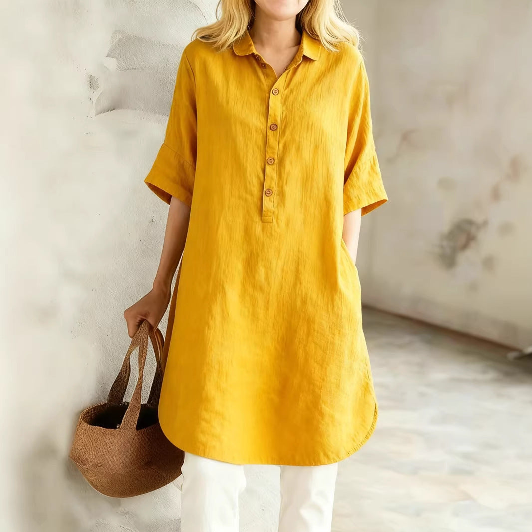 Casual Cotton Linen Sleeve Loose Shirt Dress
