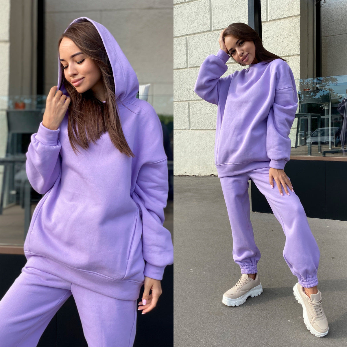 Women's Fashion Solid Color Hooded Casual Two-piece Suits